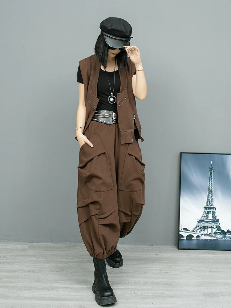 Personalized Fashion Pant Set Women 2024 Autumn V-neck Cardigan Sleeveless Vest + Wide Leg Pleated Lantern Pants LX2455