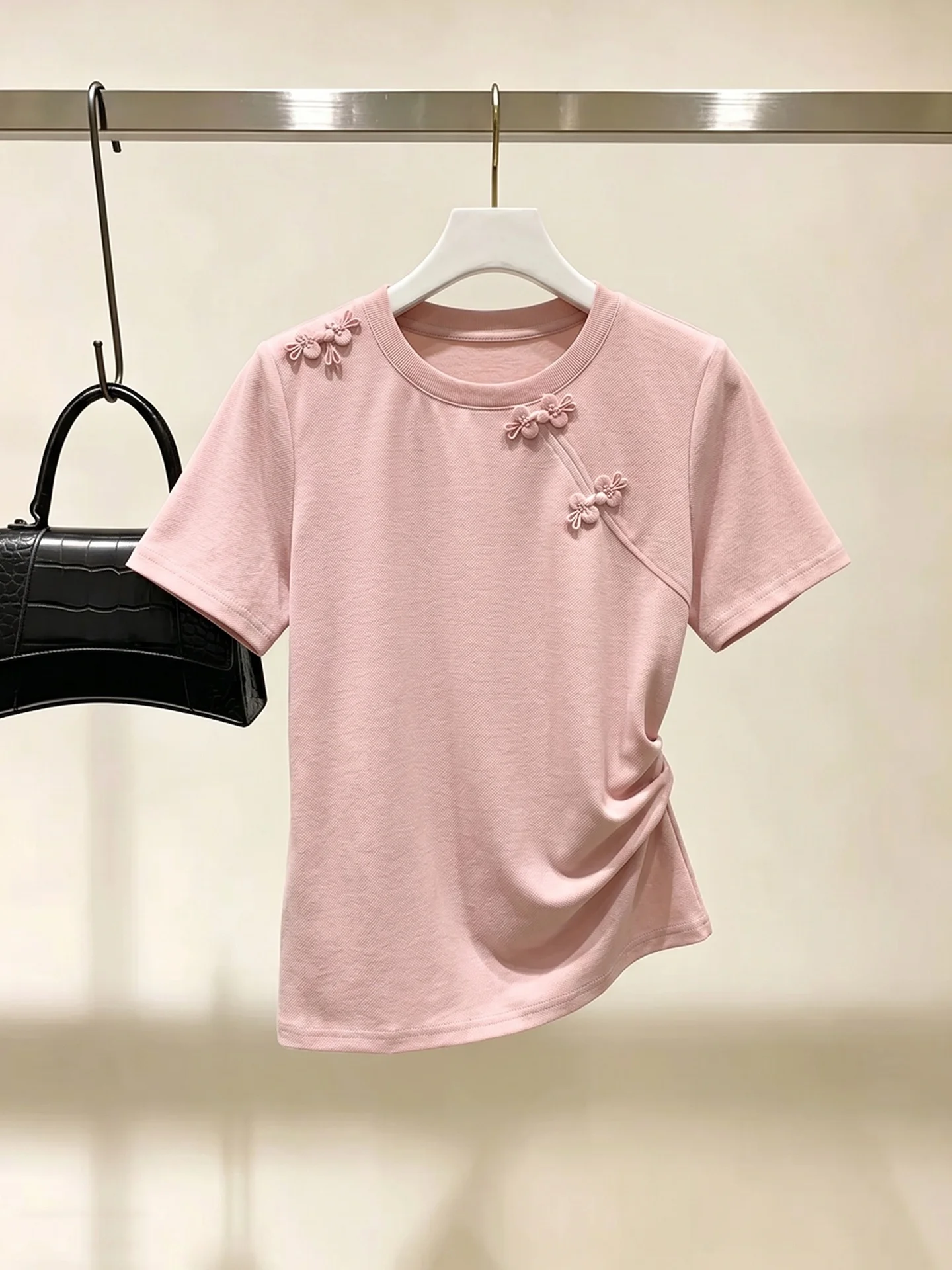 Sweet And Gentle Summer Short Sleeve T-Shirt Overhead Design Button Detailing Unique National Style Pure Color Commute Style