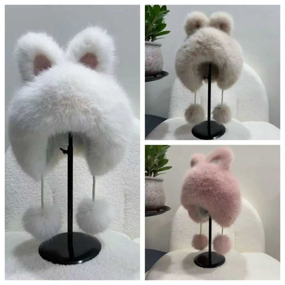 Skiing Anti-cold Winter Plush Hat Windproof Cartoon Rabbit Ear Warmer Hat Soft Solid Color Ear Protection Cap Shopping