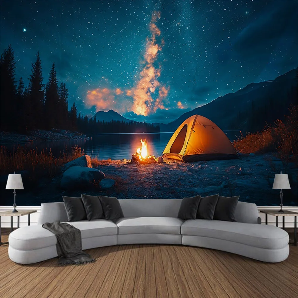 Night Sky Landscape Tapestry Hippie Background Wall Hanging Cloth for Camping Tent Home Room Art Decoration Bed Sheet Blanket