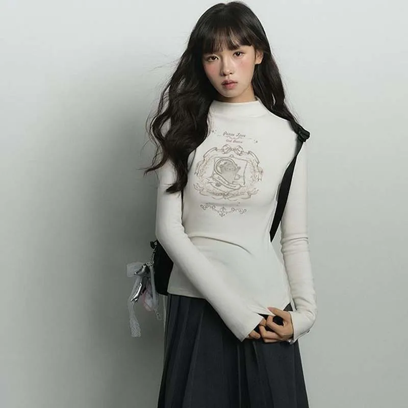 Vintage Girls Y2K Long Sleeve T-Shirt Half Turtle Collar Velvet Buttons Shirt Fall Winter Women Clothes Fashion Casual Crop Tops