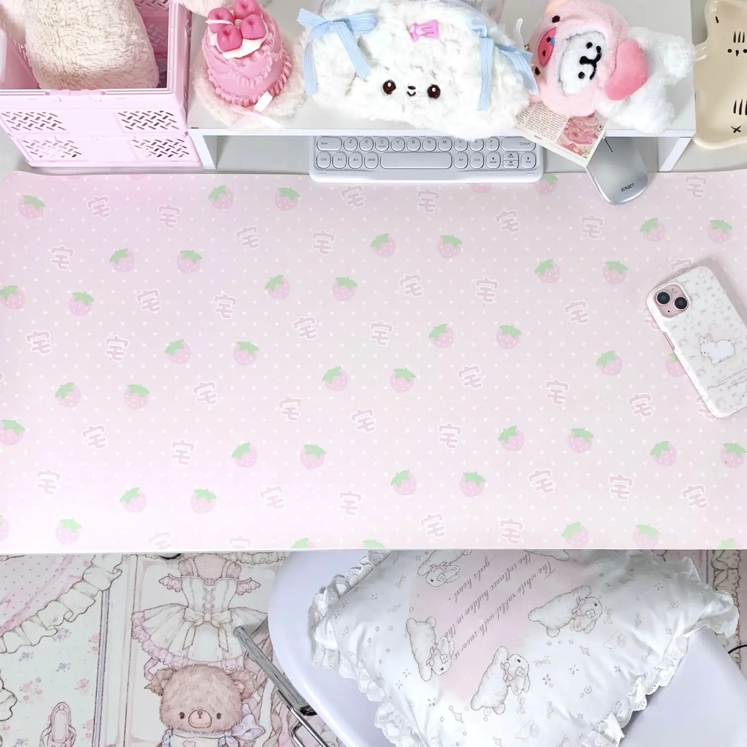 Leather Desk Pad Protector Pink Polka Dots Strawberry Japanese Y2K Girl Mouse Pad Office Desk Mat Non-Slip PU Desk Blotter Pad
