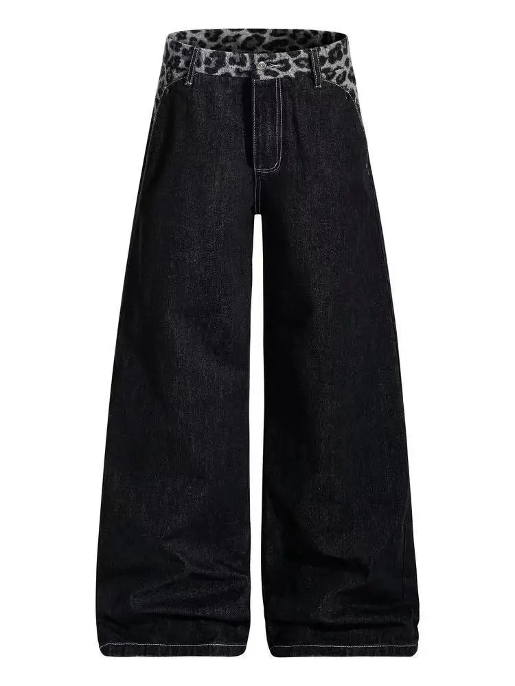 Men's Leopard Pattern Splicing Casual Jeans Spring High Waisted Pants Cool Boy Bottoms Male Wide Leg Straight Vintage Trousers