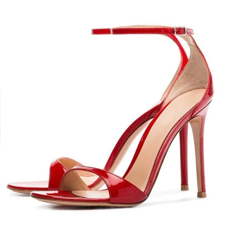 

Concise One Strap High Heel Sandals Red Patent Leather Open Toe Cover Heel Summer Celebrating Dress Shoes