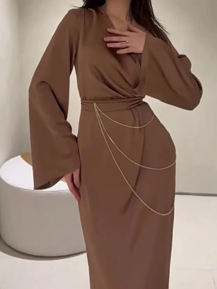 Spring Eid Muslim Dress for Women Abaya Chian Morocco Party Dresses Ramadan Lace-up V Neck Vestdios Dubai Arab Long Robe 2024