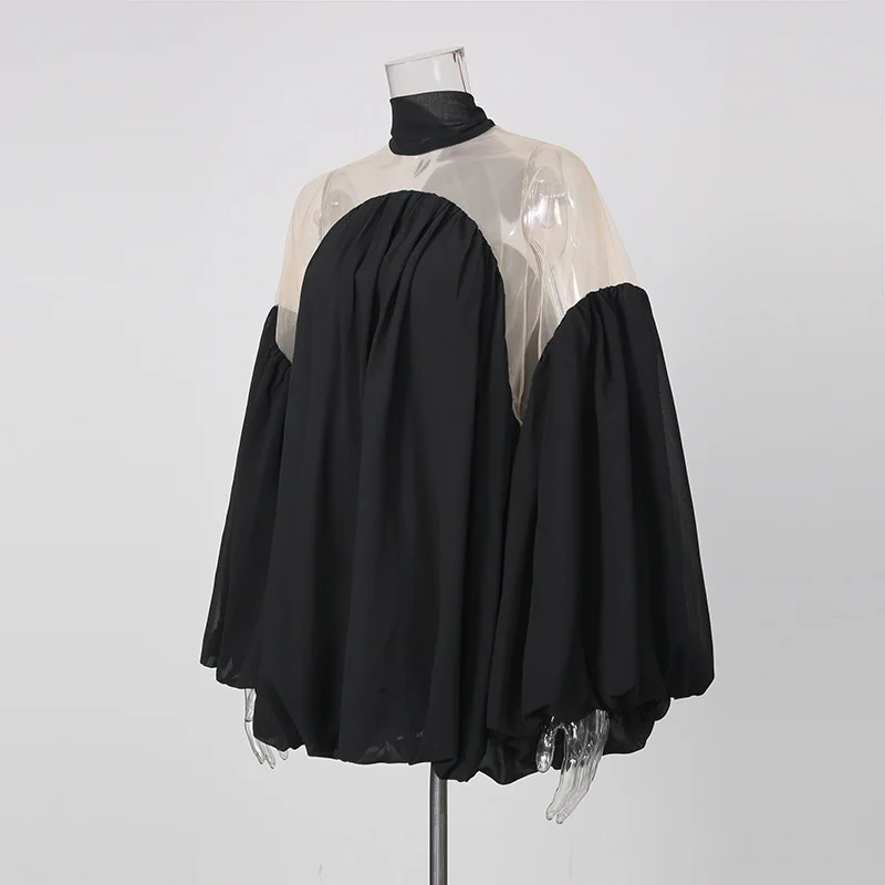 HKSH Women Shirt Elegant Trendy Sexy Chiffon Sheer Bow Lace-Up Mesh Patchwork Pleated Solid Color Long Sleeve Blouse New HK25130