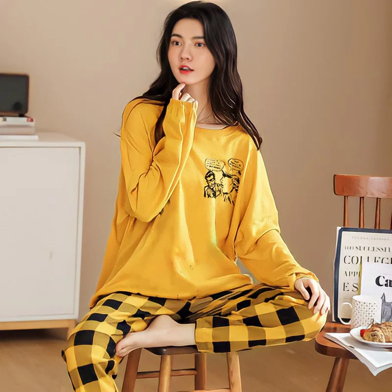 Women\'s Pajamas Sets Cartoon Pyjamas Plaid Loungewear Summer Autumn Cute Sleepwear Casual Pijamas Mujer 2 Piece Pjs Homewear