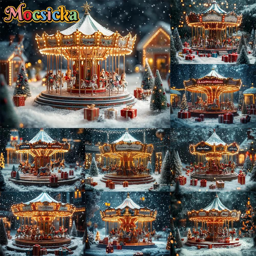 

Mocsicka Winter Whimsical Carousel White Horse Surround Christmas Backdrop Baby Kids Portrait Family Party Photocall Backgrounds