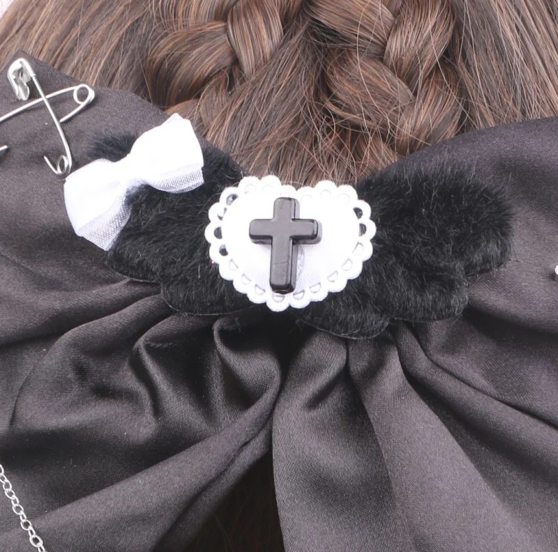 Big Bow Hairpin with Cross Black Sweet Punk Y2K Hair Clip Handmade Bow Lolita Gothic Style Rhinestone with Cool Chain