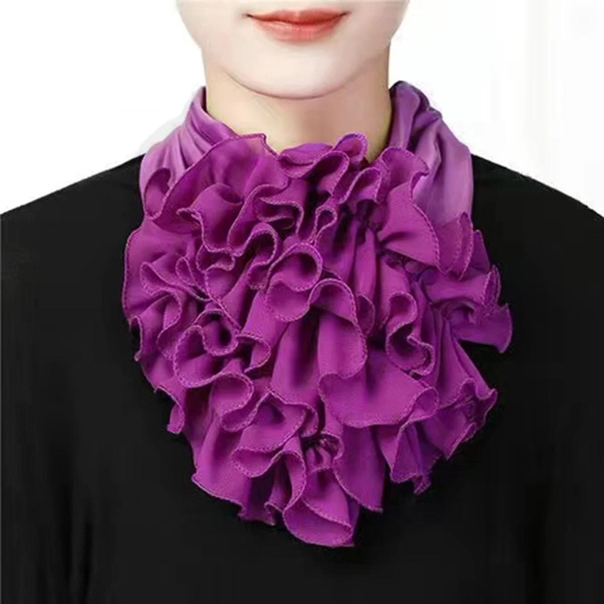 Fashion Polyester Neckerchief Ring Solid Color Ruffles Fake Collar For Women Detachable Neck Gaiter Elegant Scarf Free Size