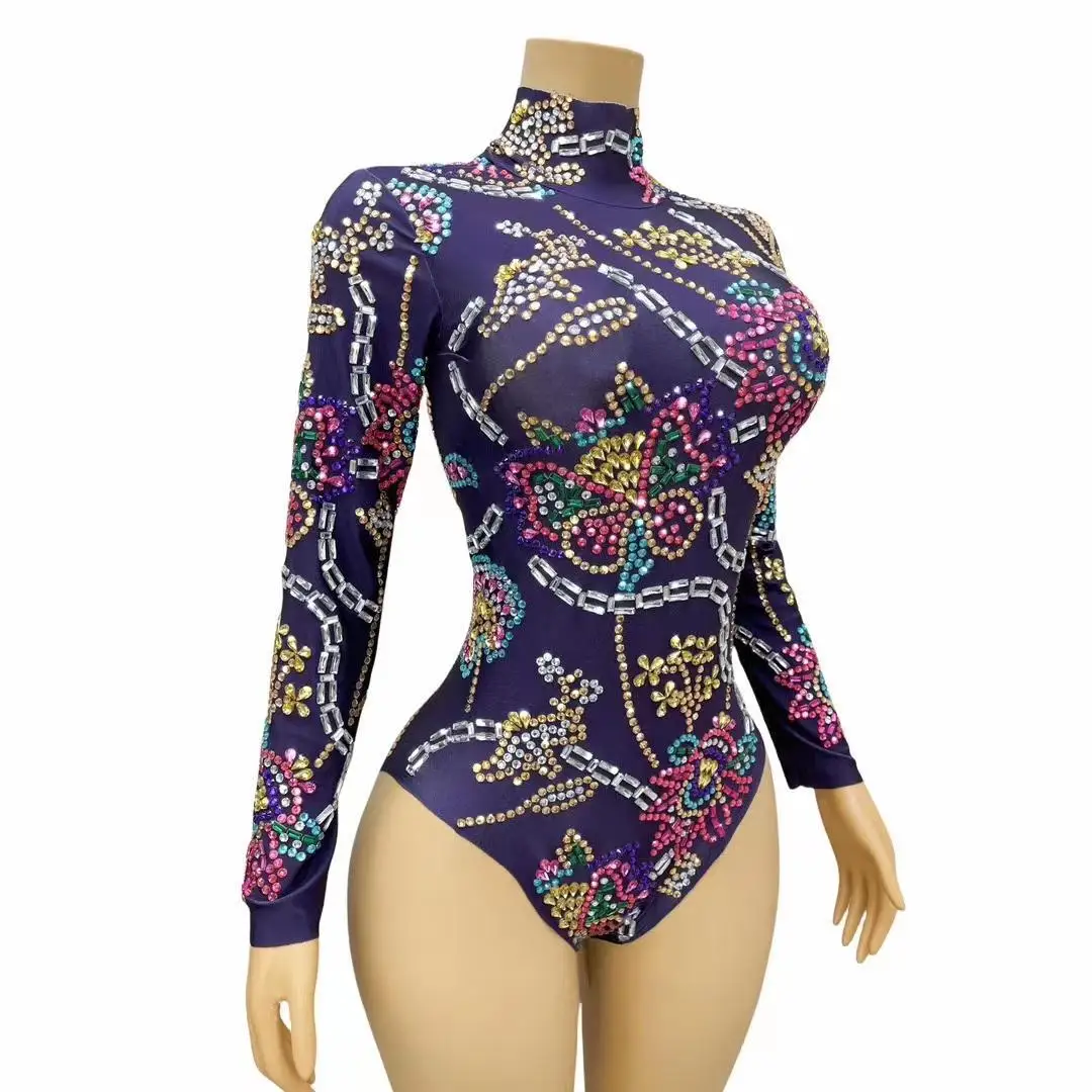 Women Flashing Colorful Rhinestones Purple Leotard Luxury Celebrate Sexy Outfit Long Sleeves Bodysuit Birthday Costume Jingu