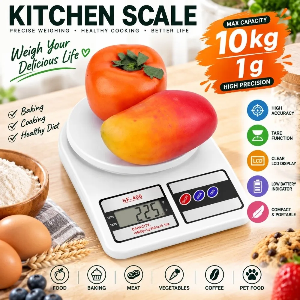 Practical ABS Digital Kitchen Scale 10kg Capacity White Electronic Food Scale LCD Display oz/g Units Baking Scale Meal Prep