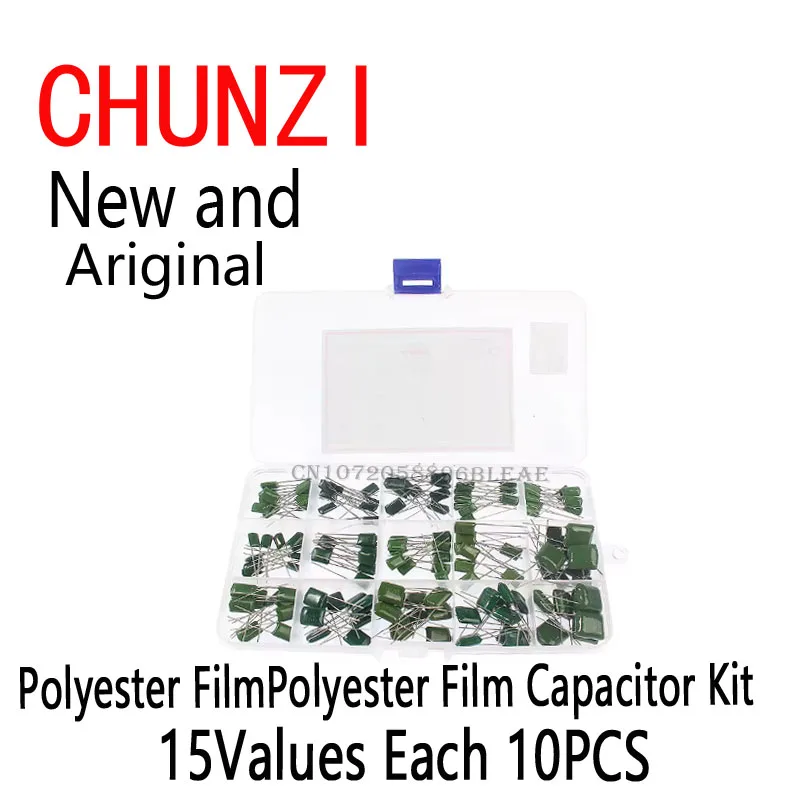 150pcs 15Values Assortment Box 0.33NF 2A331J 470NF 2A474J 2A821J 2A102J 2A393J 2A474J Polyester Film Capacitor Kit
