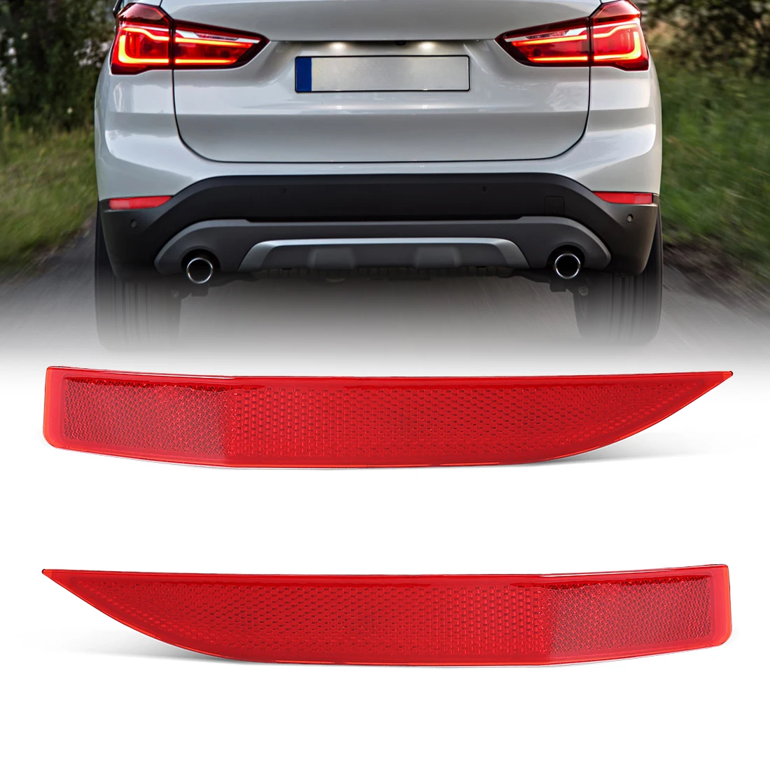 2 pçs tiras reflexivas para bmw x1 f48 16d 16i 18d 18i 20d 20dx 25i 28i 2014-2019 luz de parada do para-choque traseiro 61617355547 61617355548