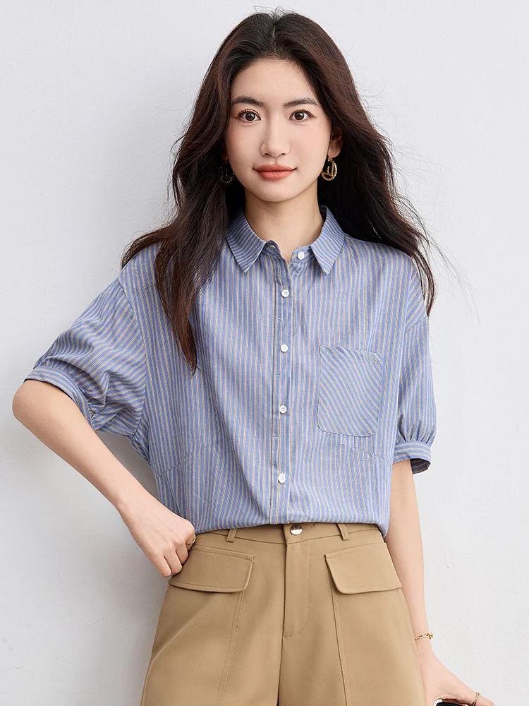 

Корейская женская блузка с воротником-стойкой, в полоску, с коротким рукавом, свободного кроя, повседневная, летняя, новая модная универсальная модель 2026 года