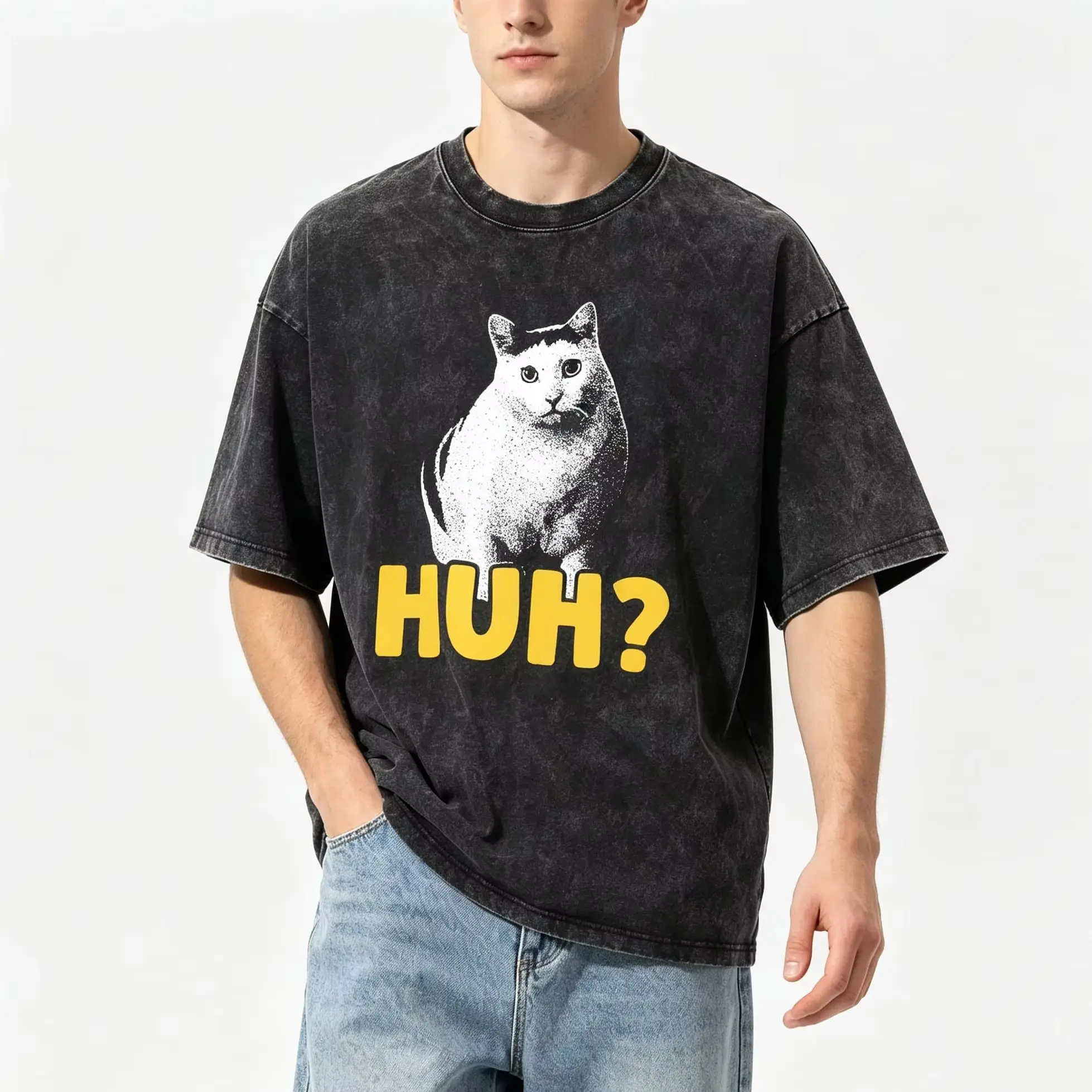Vintage Casual Meme Confused Cat Graphic Humor Clothing Women's Tshirt Unisex Tee Top Men's Cotton Short Sleeve Washed T Shirt