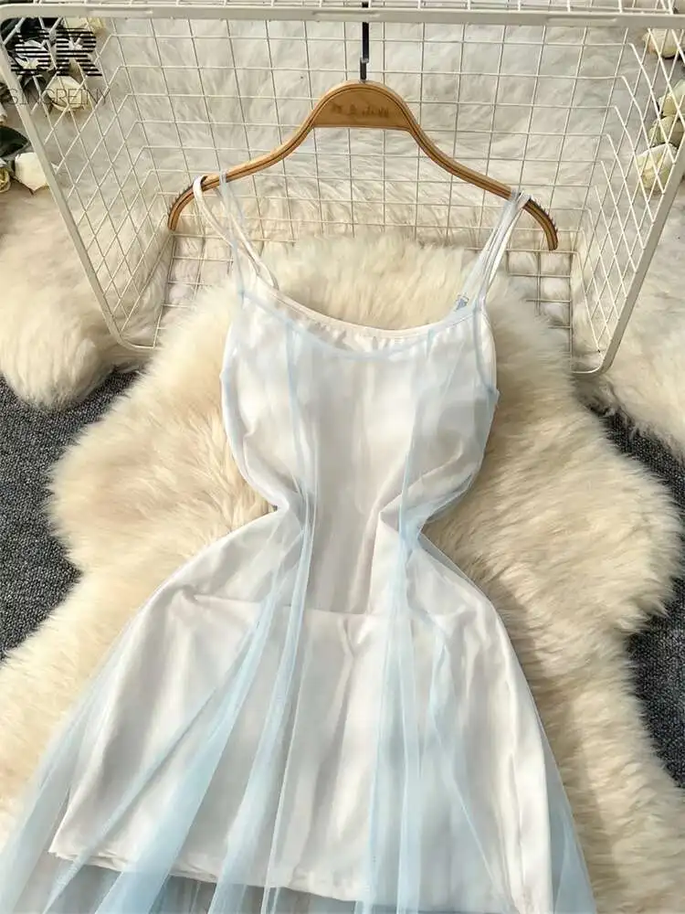 BabYoung Gentle Vacation Suits Women Sleeveless Straps Solid Mini Dress+Sheer Gauze Dress 2025 Fashion Sweet Beach Sets