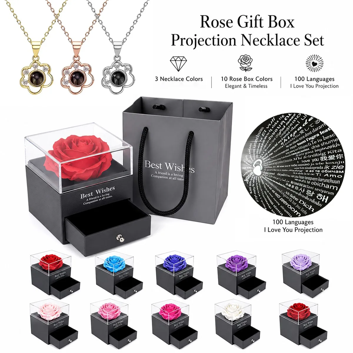 100 Languages Projection Pendant Dog Paw Necklace For Women With Rose Gift Box Christmas Valentine Birthday Wedding Jewelry