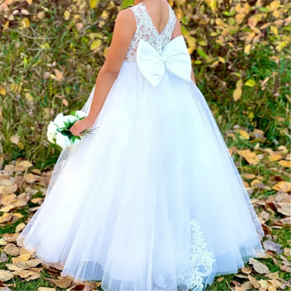 Elegant White Sleeveless Tulle Lace Bow Belt Flower Girl Dresses Ball Beauty Pageant First Communion Kids Dream Surprise Gift