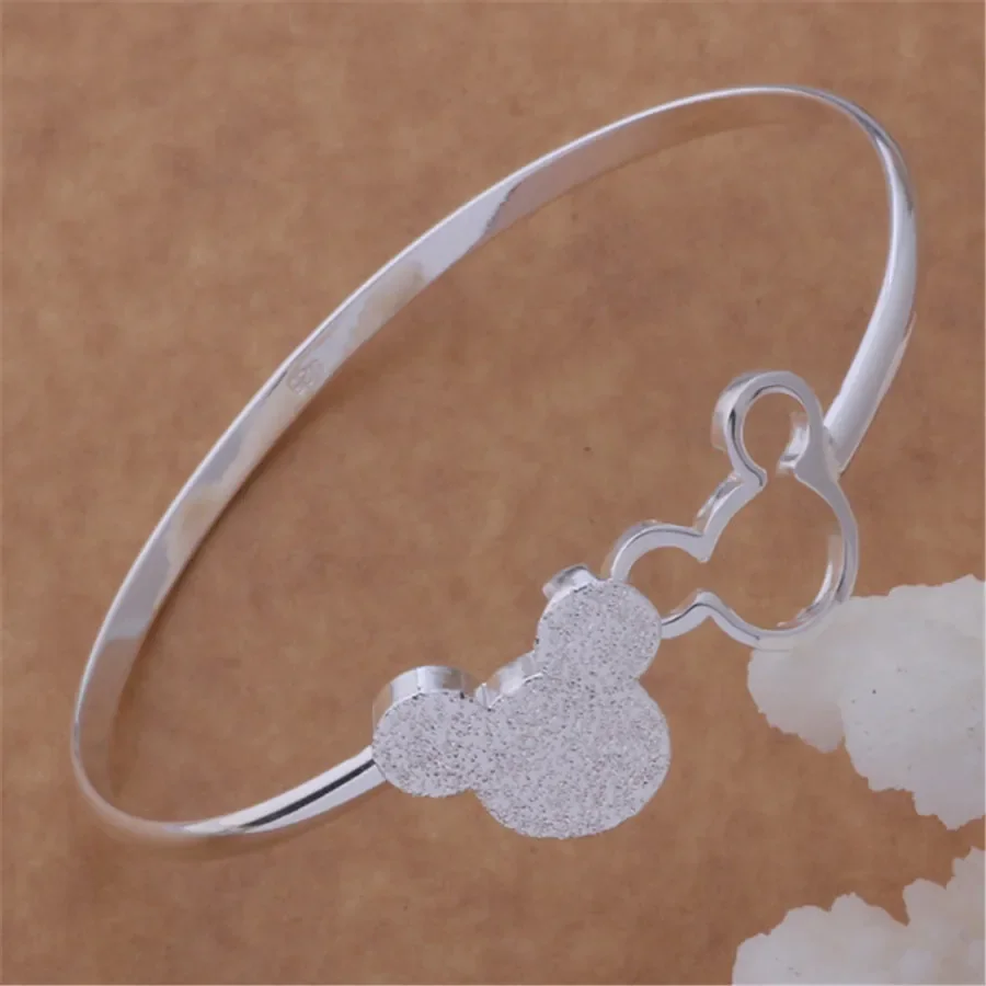 

Hot Fine Frosted Mickey Cuff Bangles 925 Sterling Silver Bracelets for Women Adjustable Jewelry Fashion Party Gifts Girl Student