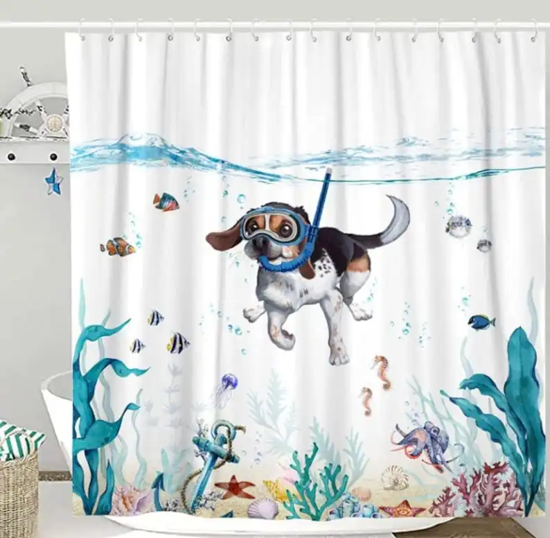 Funny Diving Dog Shower Curtain Sea Ocean Waterproof Fabric Shower Curtains for Bathroom Decor Animal Fish Turtle Starfish