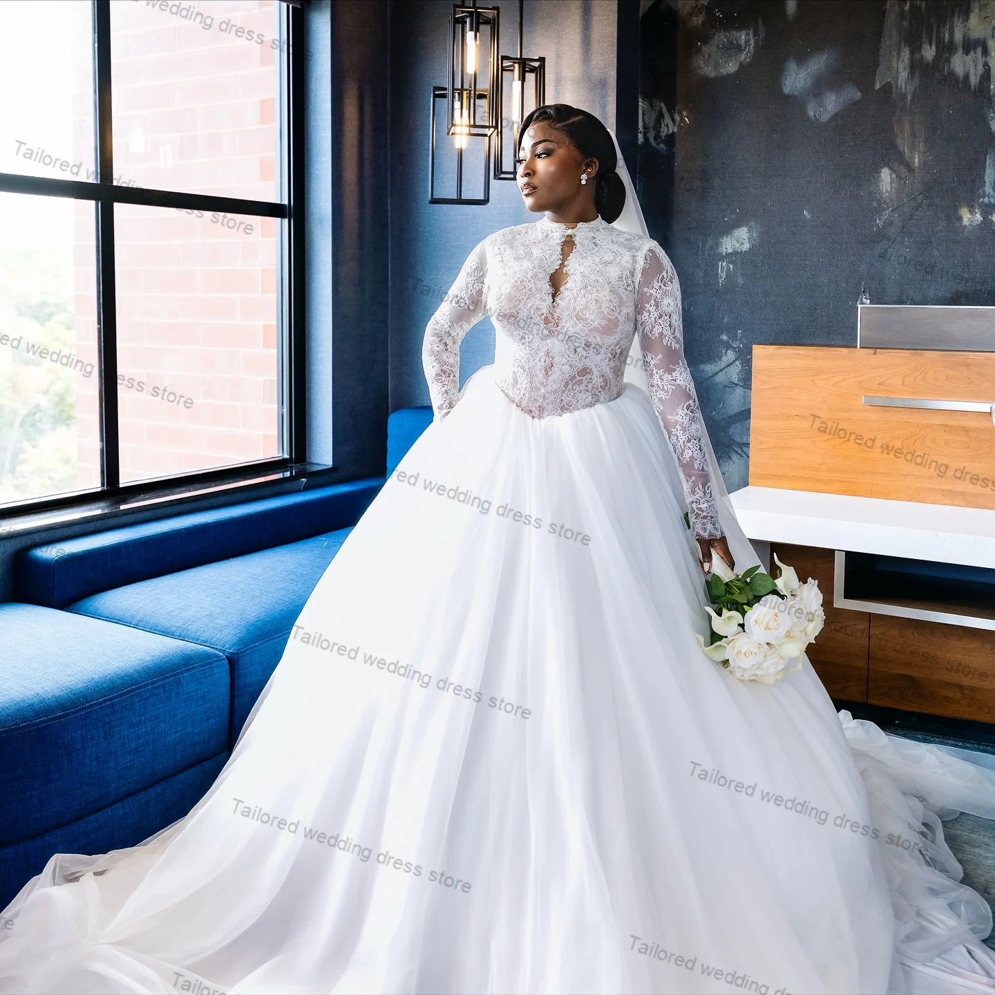 화이트 레이스 웨딩 드레스 우아한 하이넥 긴 소매 A라인 신부 이브닝 가운 맞춤형 레이스업 백 게스트 롱 보헤미안 로브