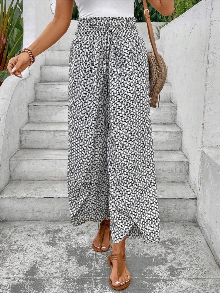

Fashion Women Wide Leg Pants For Women In Spring Summer 2025 Fashionable And Versatile Elastic Waistband Tied With Floral Pants