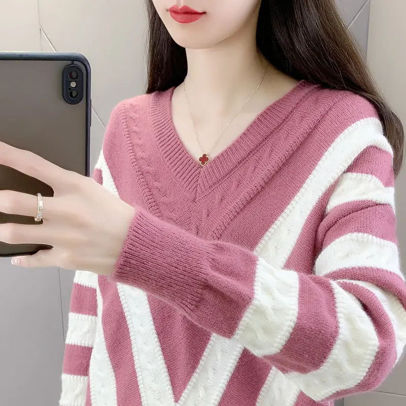 Fashion Striped Spliced Knitted Jumpers Autumn Winter Long Sleeve Female Clothing Casual V-Neck Korean Screw Thread Sweaters New