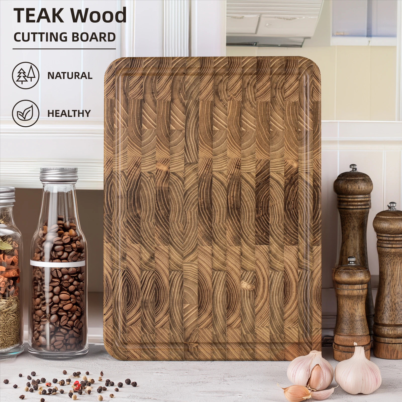 

End Grain Teak Cutting Board for Kitchen, Durable Wood with Juice Grooves, Pre-Oiled, Easy Grip Handles