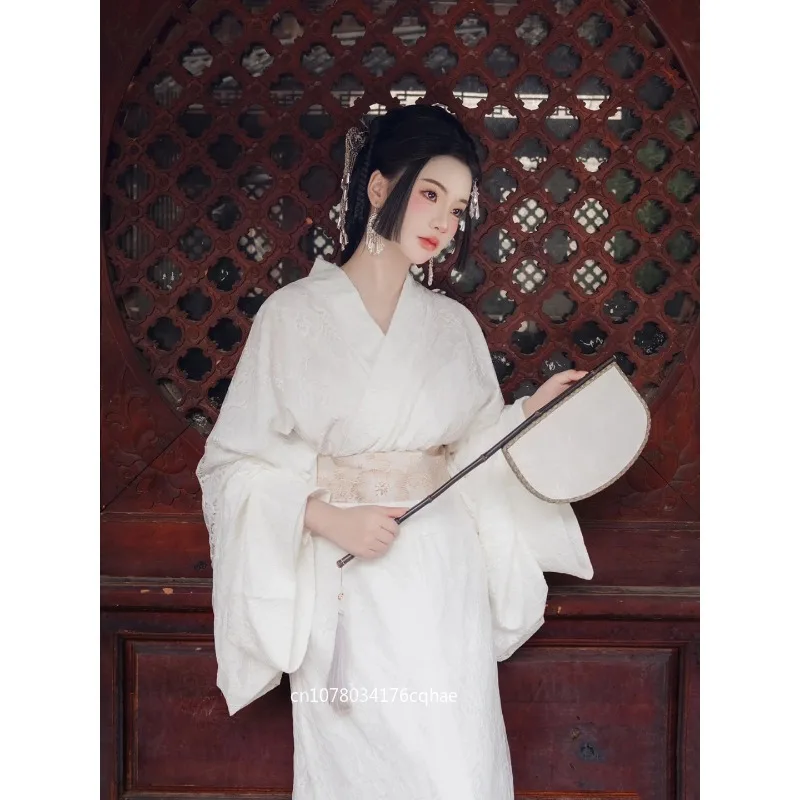 

White adult Warring States robe Hanfu, lace collar straight train, fairy energy big sleeve shirt trailing performance clothes