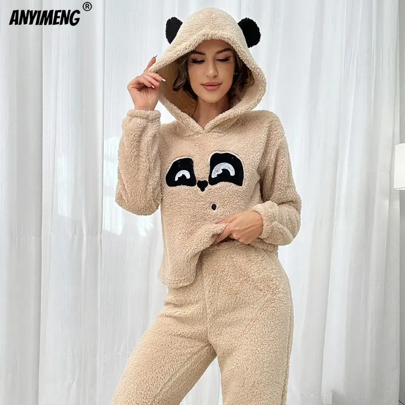 Cute Panda Woman Hoodies Thermal Pajamas Set Winter Thick Sleepwear Leisure Hoody Pijamas Casual Girls Fluffy Teddy Homesuits