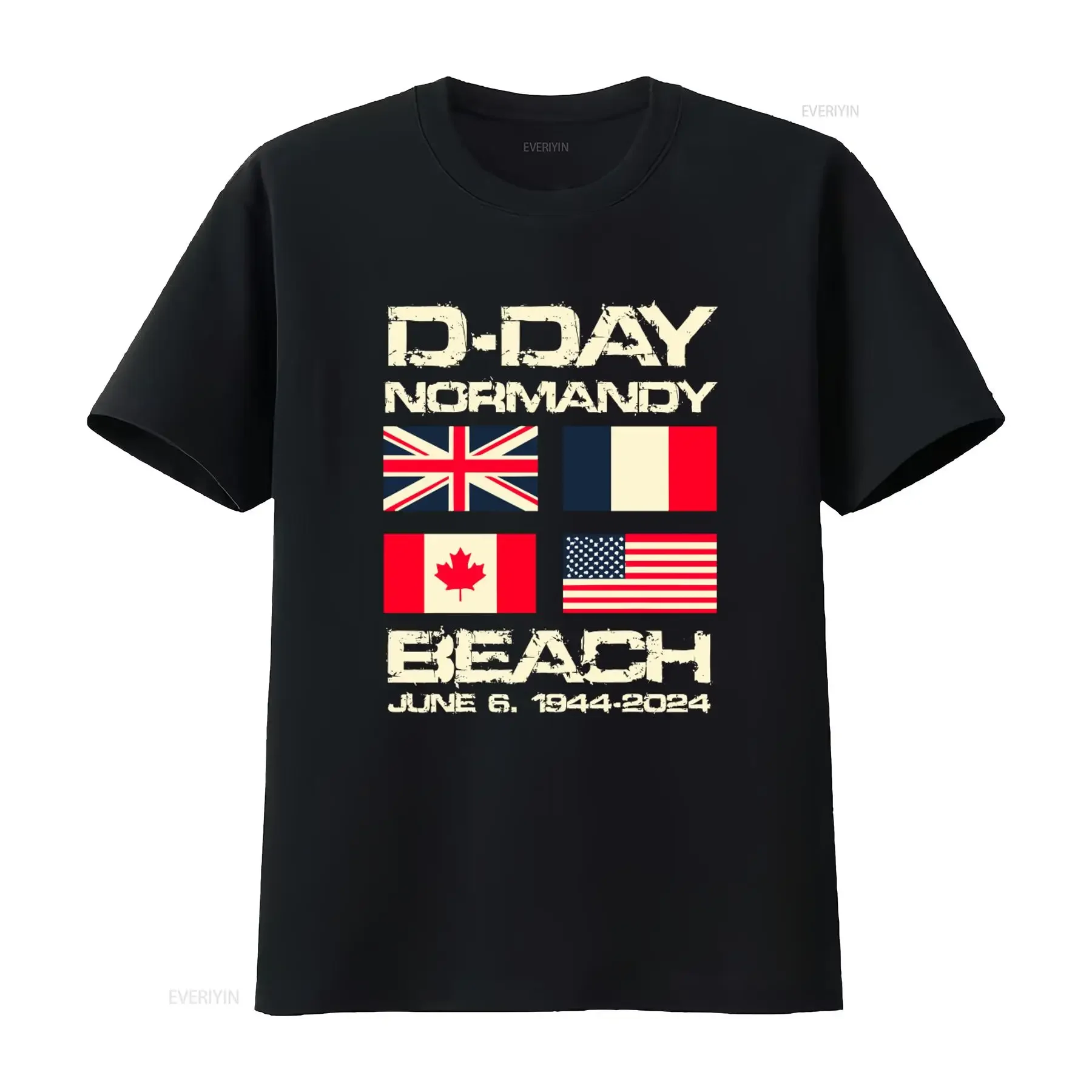 D Day 80th Anniversary Normandy Beach Landing History 1944 T Shirt with UK France Canada US Flags Print vintage Washed