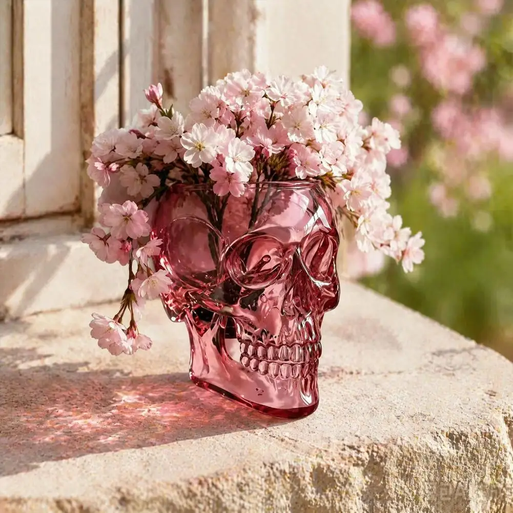 Skull Vase for Halloween Transparent Pink Glass Decor Skull Wall Vase Translucent Resin Planter Spooky Face-shaped for Home