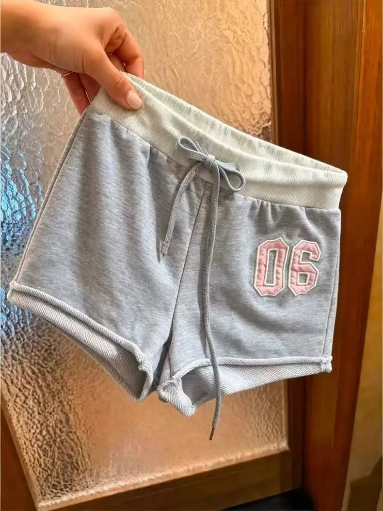Soft Mini Sweat Shorts Number 06 Print Contrast White Waistband Drawstring Elastic Waist Casual Street Short Bottoms