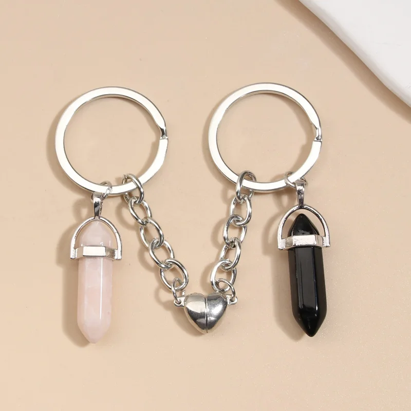New Keychain Crystal Quartz Stone Key Ring Heart Magnetic Button Key Chains For Couple Friend Gifts DIY Handmade Jewelry