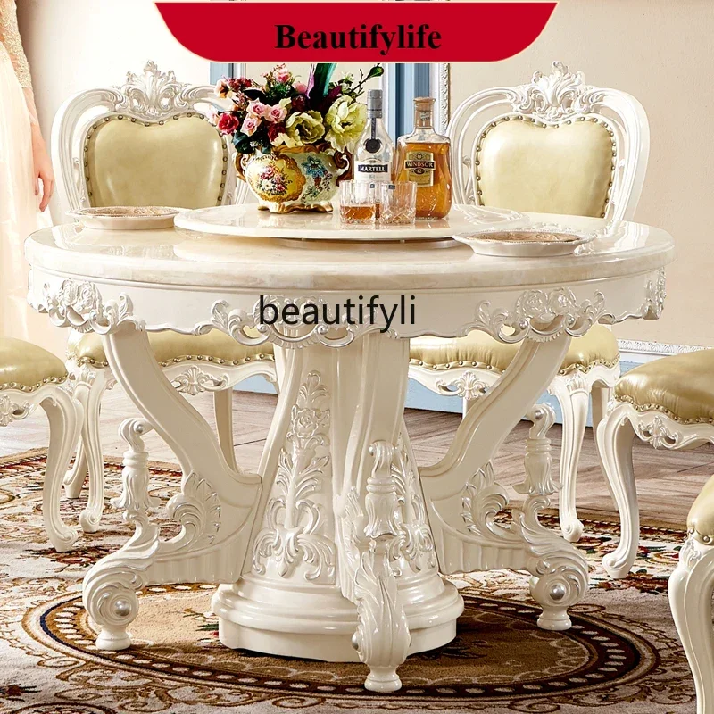 z183  Round dining table all solid wood natural marble countertop dining table French large apartment American style