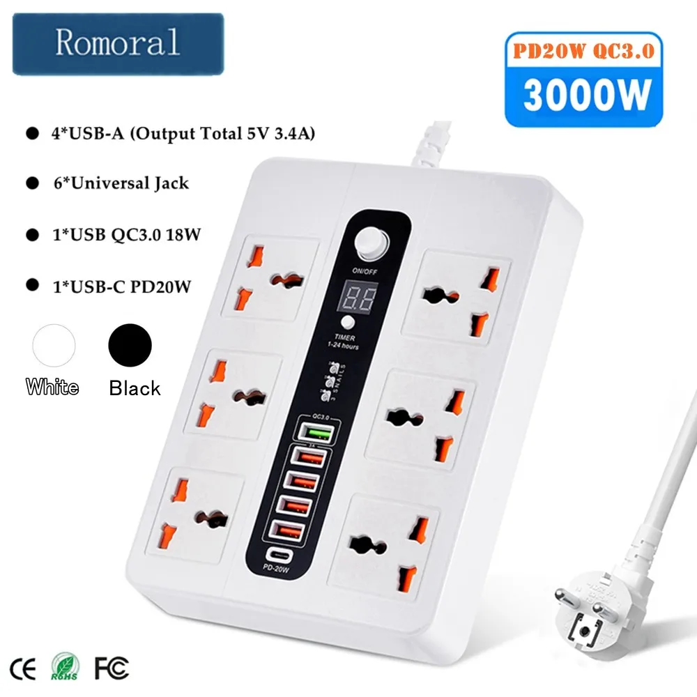 3000W Network Filter EU/UK/US Plug Power Strip With 6 Universal Socket Multiple USB and 5 Swich PD 20W QC3.0 Fast USB Charger