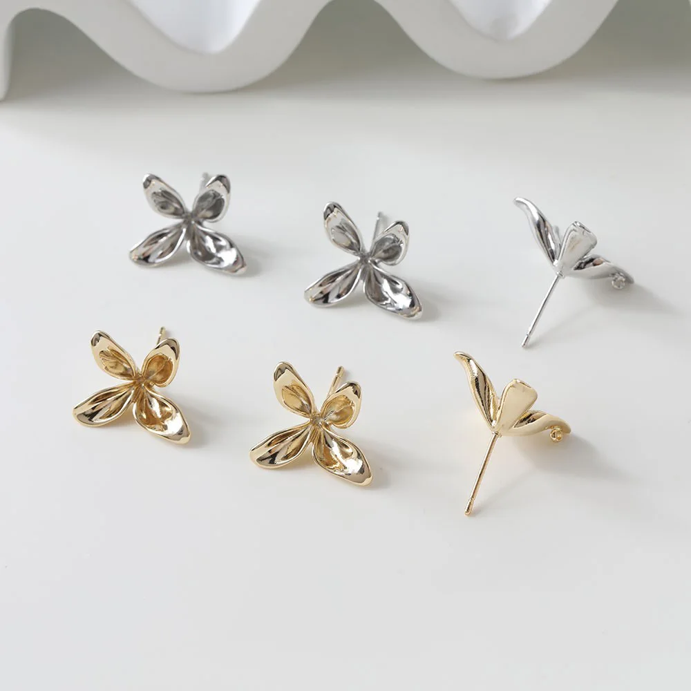 4PCS 14K Gold Plated Brass Four Petal Flower Earrings Stud DIY Making Supplies Accessories Findings