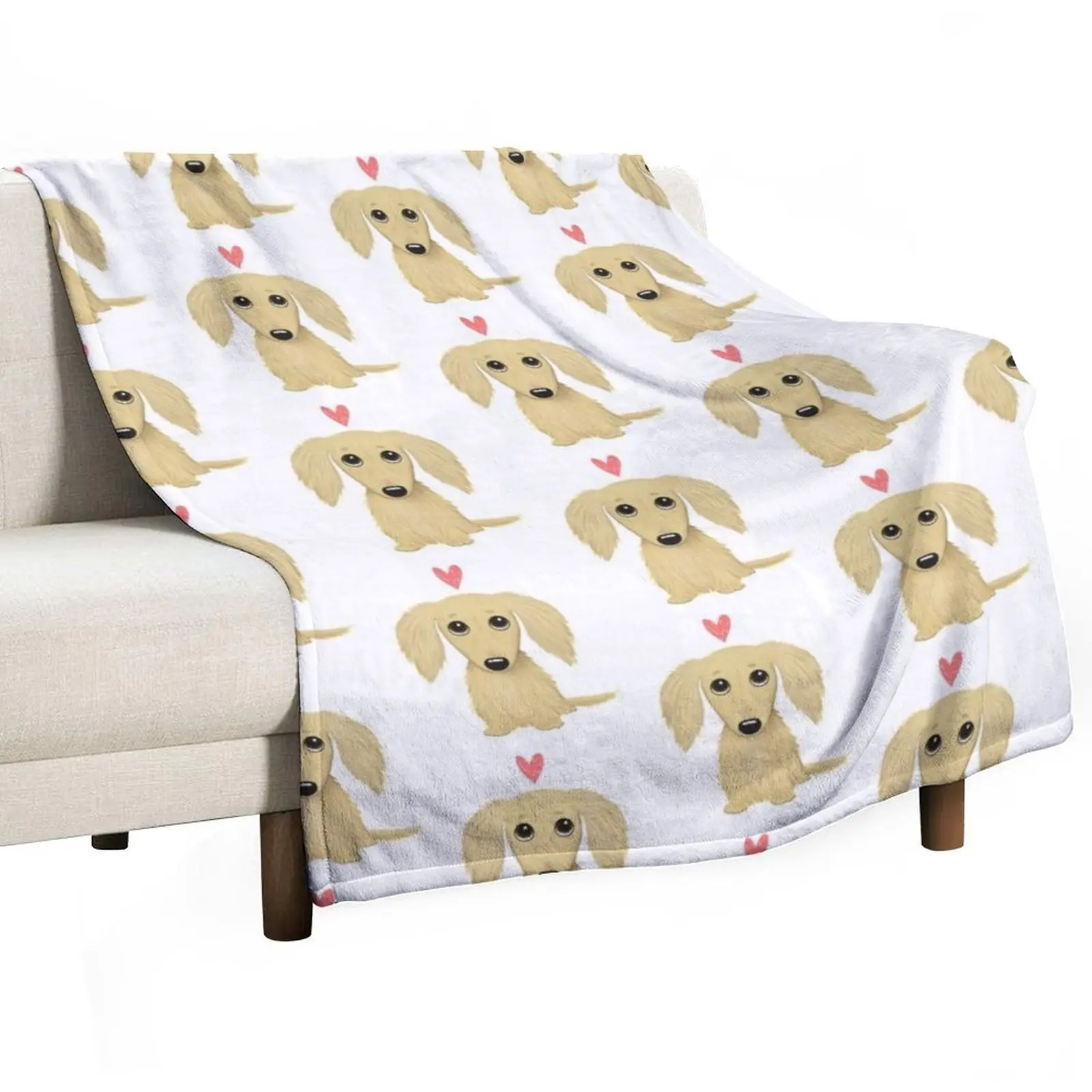 Longhaired Cream Dachshund Cartoon Dog with Heart Throw Blanket Luxury Vintage Blankets