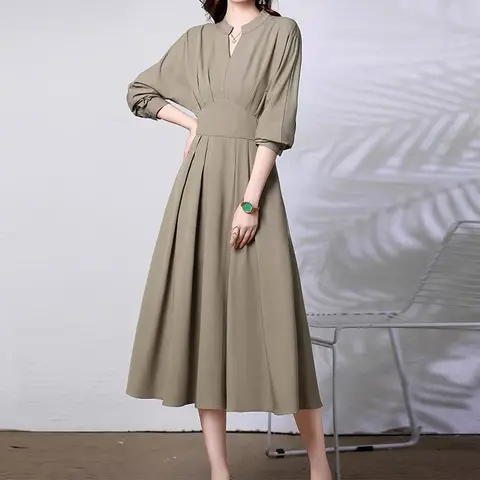 Women's Long Sleeve Midi Dress, Monochromatic Dress, Elegant Dress, Slimming, Slimming, New Model, Spring