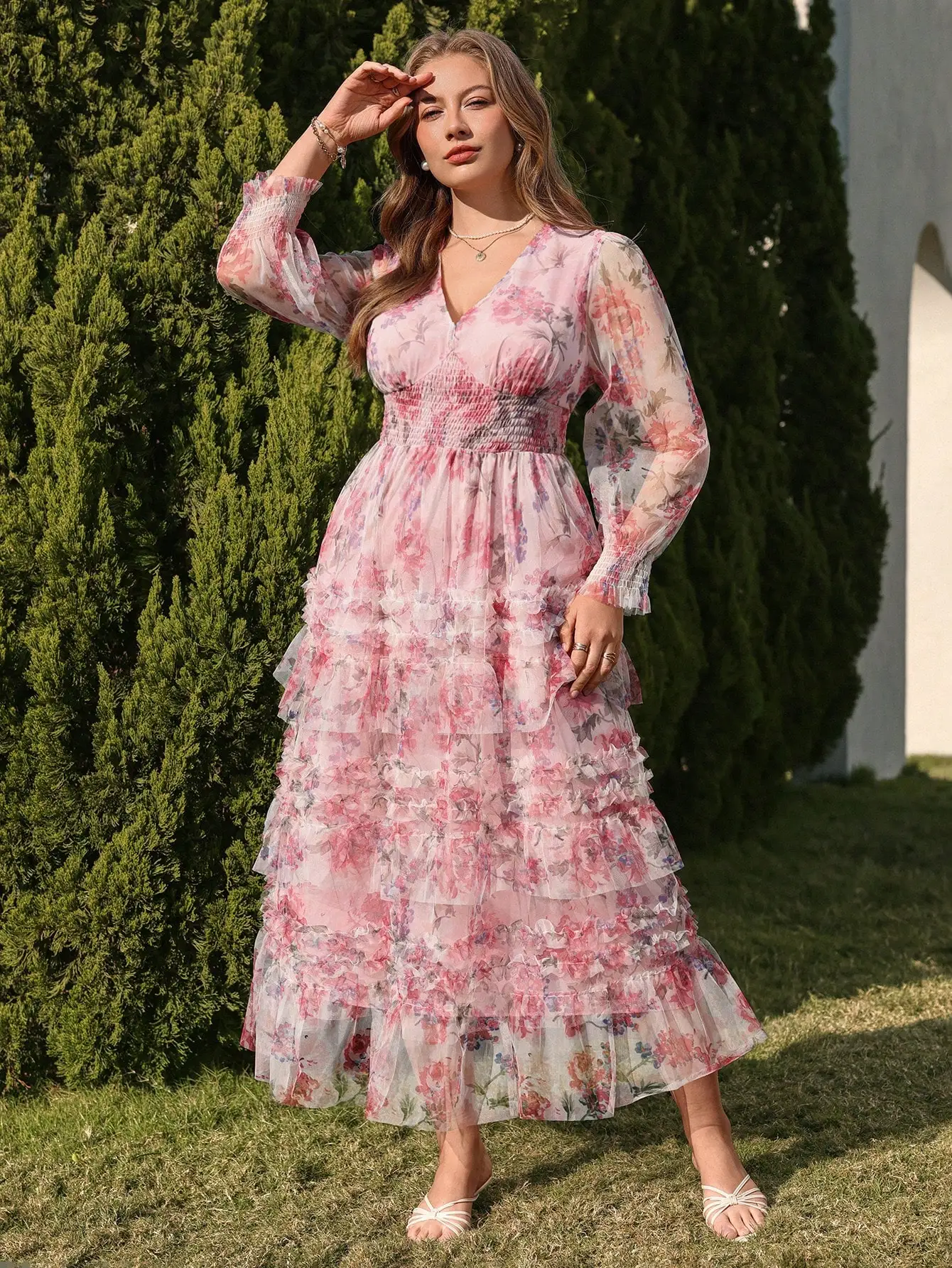 

Floral Mesh Tiered Ruffle Dress V Neck Elastic Waist Maxi Dress For Party Date Wedding