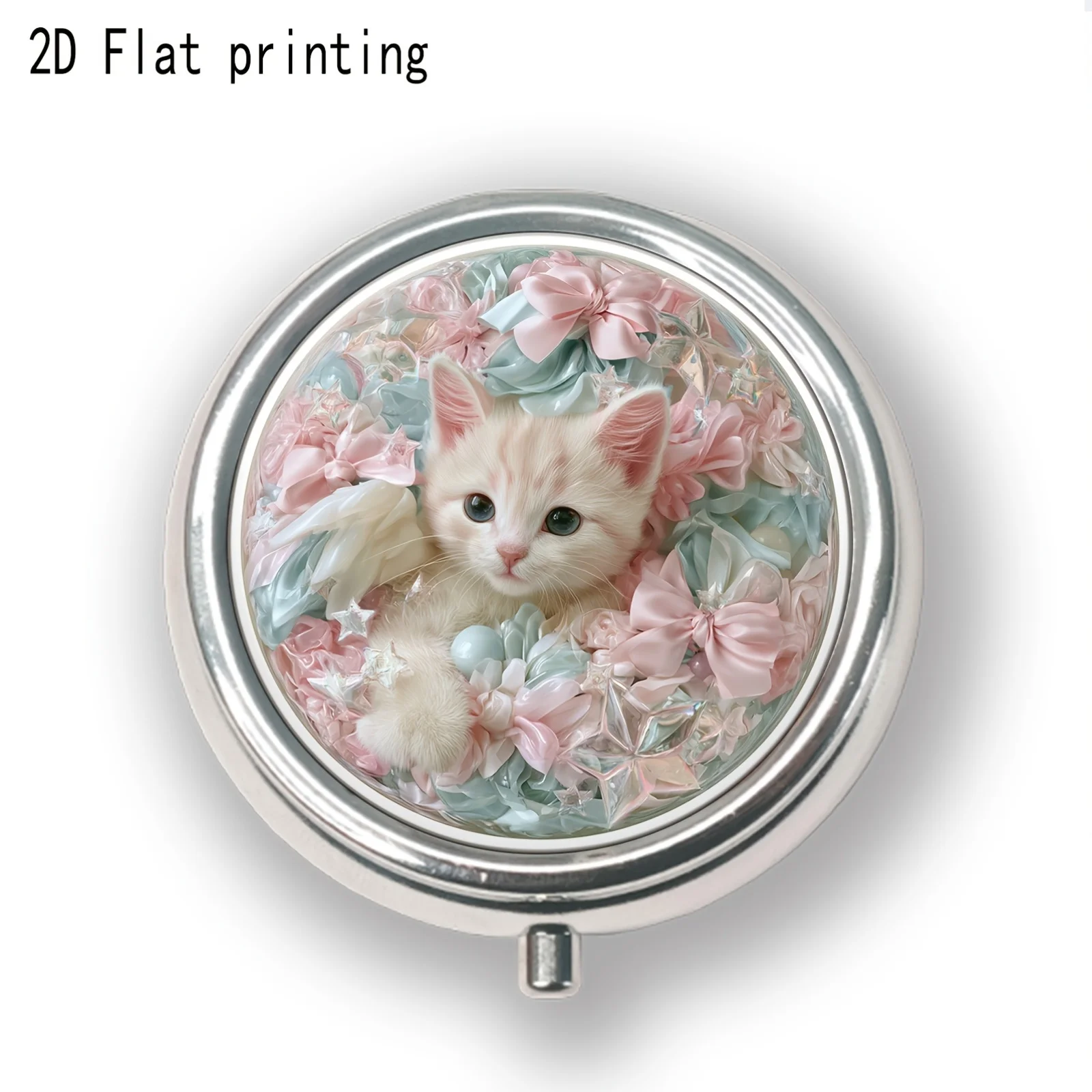 Caja de pastillas de metal con diseño de gato y gatito, mariposa floral y estética pastel, estuche portátil de tres compartimentos para pastillas, caja de almacenamiento de vitaminas para viaje para mujer, regalo único, elegante caja de almacenamiento para niñas
