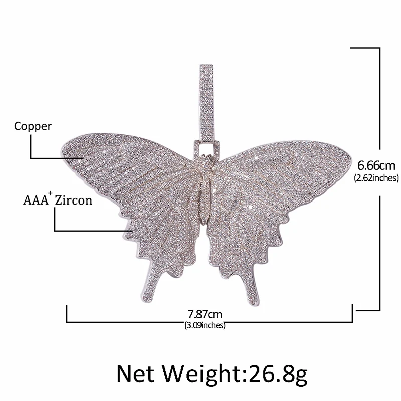 Hip Hop 3A+ Cubic Zirconia Paved Bling Ice Out CZ Butterfly Pendants Necklaces for Men Women Rapper Jewelry Pink Gold Color