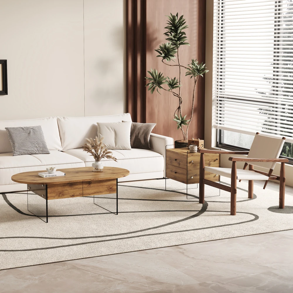 Cozy Natural Oval Double Drawer Coffee Table - 43.3"x23.6" Multi-Functional Design.Coffee table with double drawers.