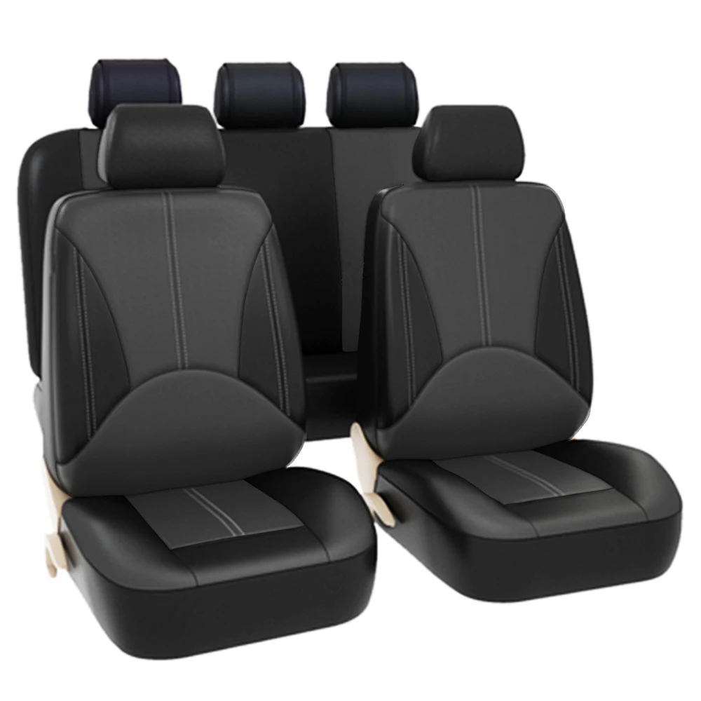 9pcs Universal Black Car Seat Covers Full Set Front Split Rear Bench PU Leather For Car SUV Sedan Van Automotive Interior Covers