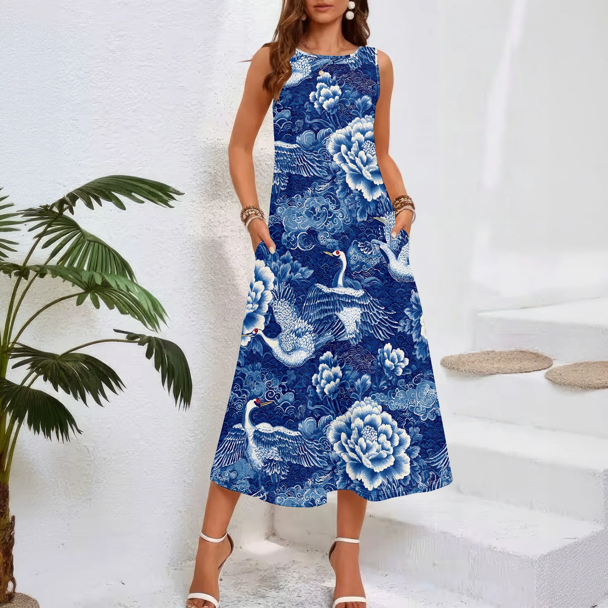 Sundress Midi Floral - فستان بدون أكمام بطبعة البجعة الزرقاء،