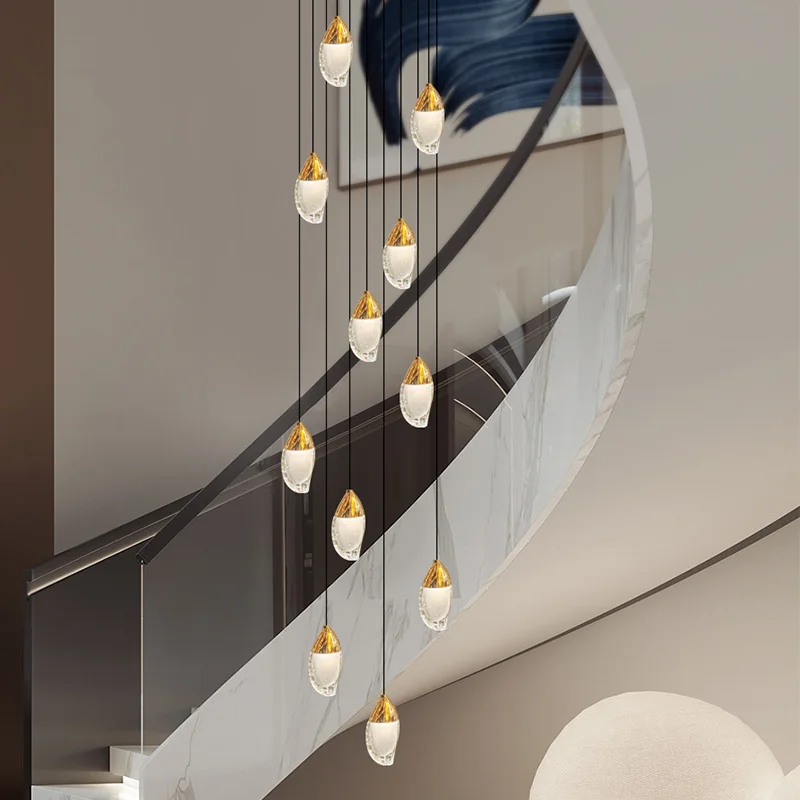 Double Staircase Crystal LED Chandelier Nordic Luxury Villa Living Room Bedroom Home Lighting Mango Creative Long Chandelier