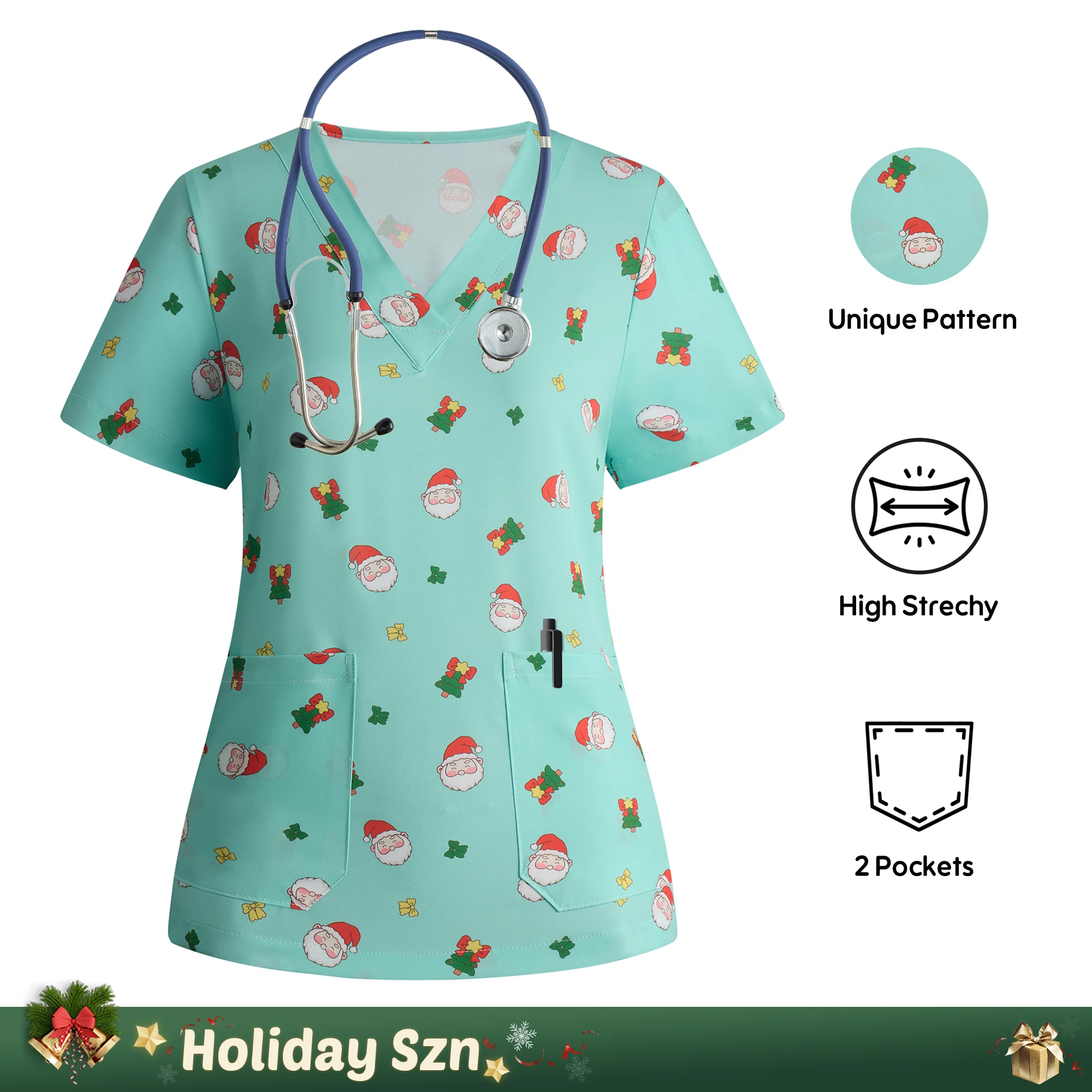 【Christmas】Women Scrub Top Light Green Santa Claus T-shirt Medical Surgical Cartoon Uniform for Nurses Clinical Pet Hospital