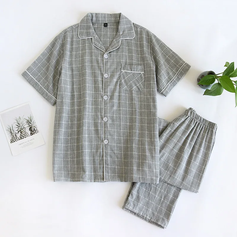 2025 Japanese Spring/Summer Men's Pajama Set 100% Cotton Plaid Short Sleeves+Pants Two Piece Set Large Home Furnishing