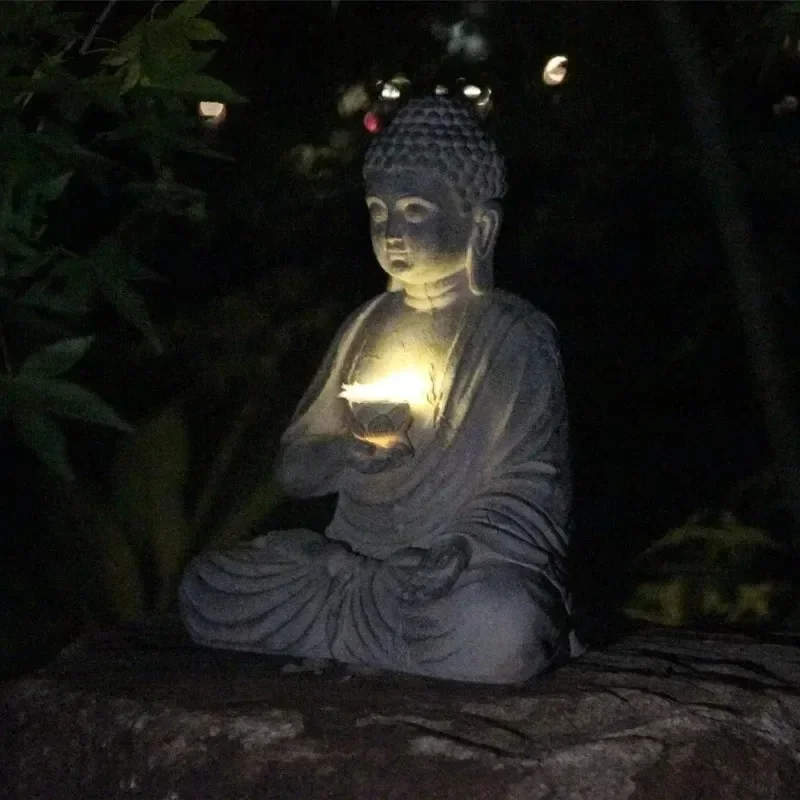 New Resin Buddha Sculpture With Solar LED Lights, Waterproof Zen Japanese Asian Statue For Outdoor Garden Landscape Ornament
